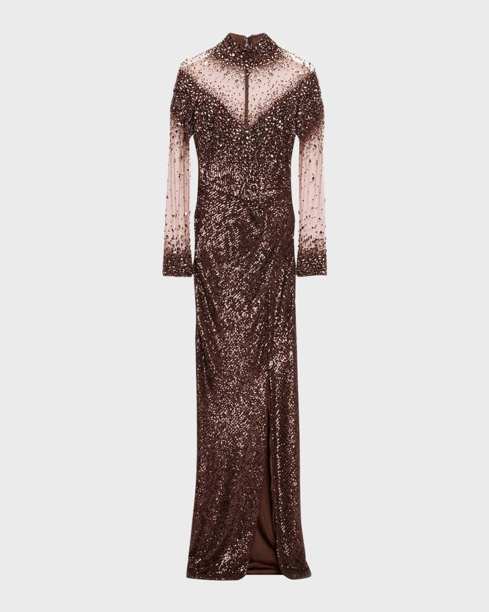 Illusion Tulle Sequin Gown with Oversized Crystals